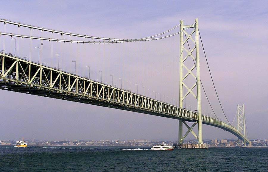 Esempio di ponte sospeso: Akashi Kaikyo Bridge (1988-1998 – Kobe, Giappone, luce tot: 3.911 m, campata max: 1.991 m)