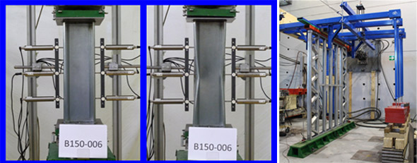 A sinistra: Fig. 3 - Prova a compressione<br>A destra: Fig. 4 - Setup di prova con sistema di applicazione del carico verticale ed orizzontale