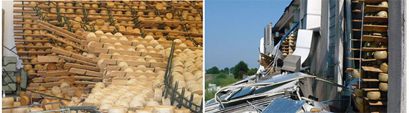 Collasso di scaffalature per lo stoccaggio di forme di parmigiano (fonte: www.parmigianoreggiano.it)
