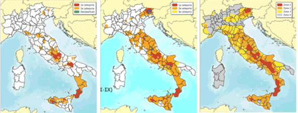 Evoluzione della mappatura sismica del territorio italiano: da sinistra a destra: 1970, 1981, 2003