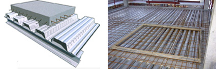 Disegno e vista di cantiere di lamiera grecata predisposta per il getto di completamento