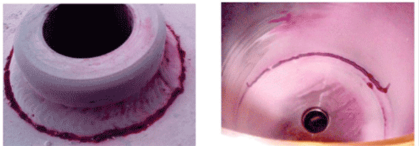 Mancata fusione (a sinistra), causa del completo distacco della saldatura dopo esercizio. Cricca circonferenziale sulla saldatura tra fondo e mantello (a destra)