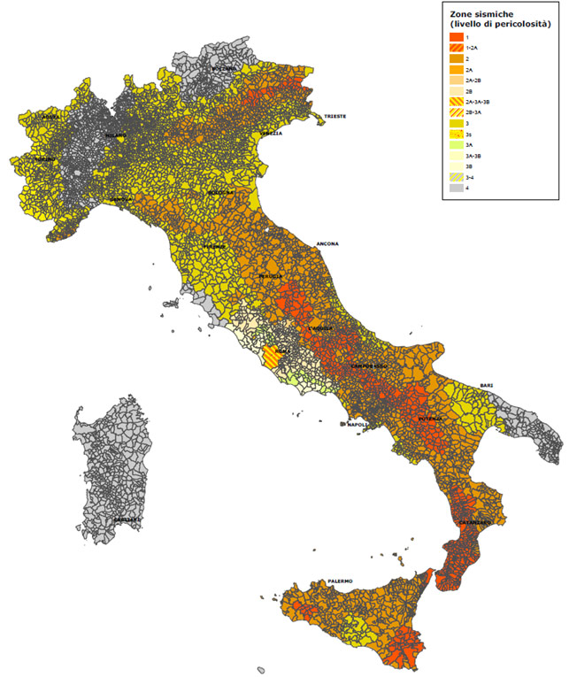 Mappa classificazione sismica aggiornata al 31 marzo 2022 per comune (fonte: Dipartimento della Protezione Civile)